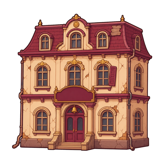 The hotel, abandoned: boarded windows, broken roof
