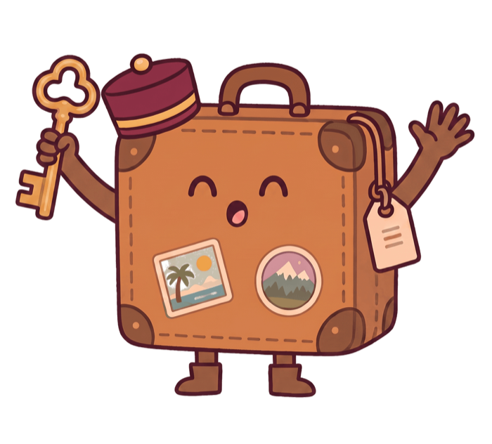 Casey, a smiling bellhop suitcase, waving with a brass key