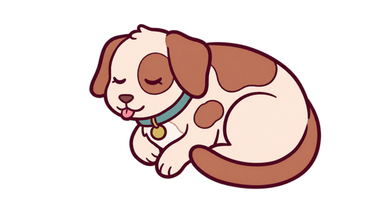 A floppy-eared brown and white puppy asleep, tongue out