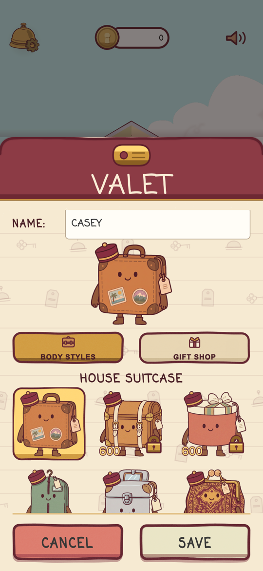 The Valet menu: naming Casey and choosing a body style