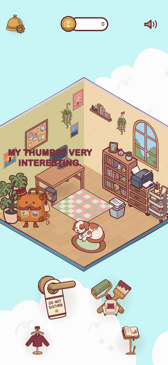 A furnished hotel room with Casey, the sleeping dog, and lobby buttons drawn into the world