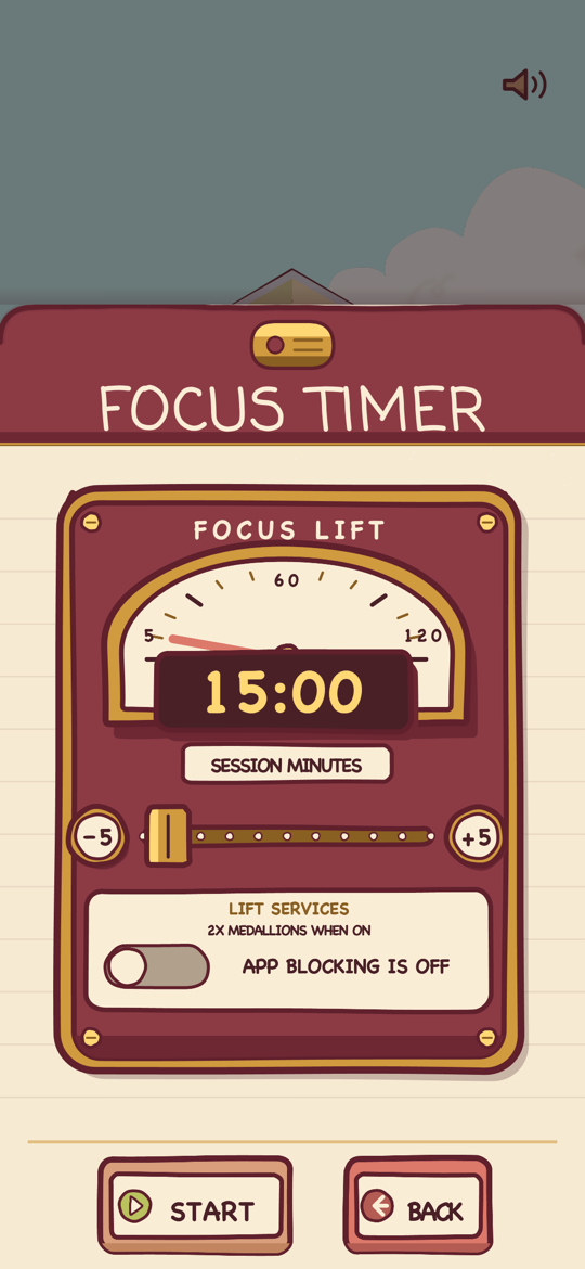 The Focus Lift: a brass-and-burgundy timer dial set to a session length