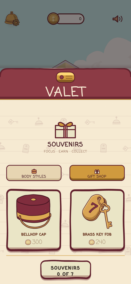 The Gift Shop: souvenir cards like the bellhop cap and brass key fob